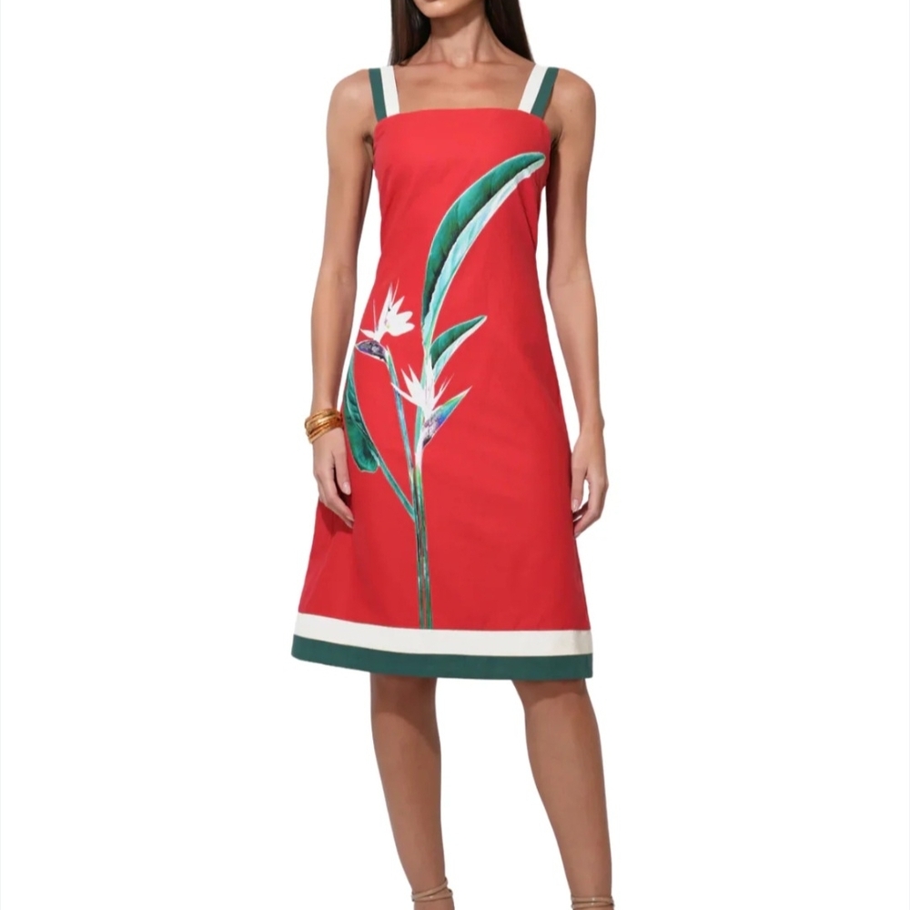 Adelyn Rae Birds of Paradise Mini DresRed Floral A-Line  with Green Trim
